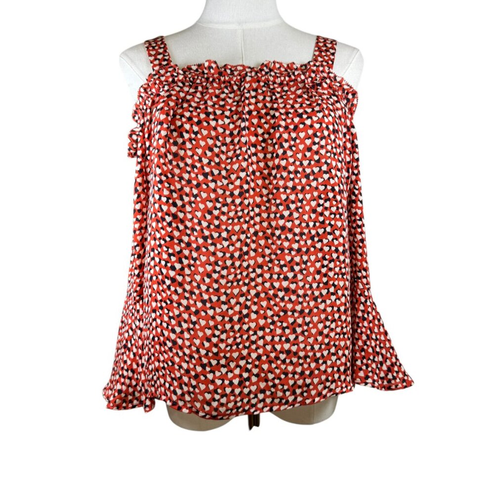 J. Crew Silk Blouse SZ:8 Red Heart Print Cold Shoulder Ruffle Bell Top | NWT